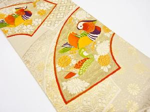 アンティーク　地紙に鴛鴦・菊・桜模様織り出し袋帯（材料）